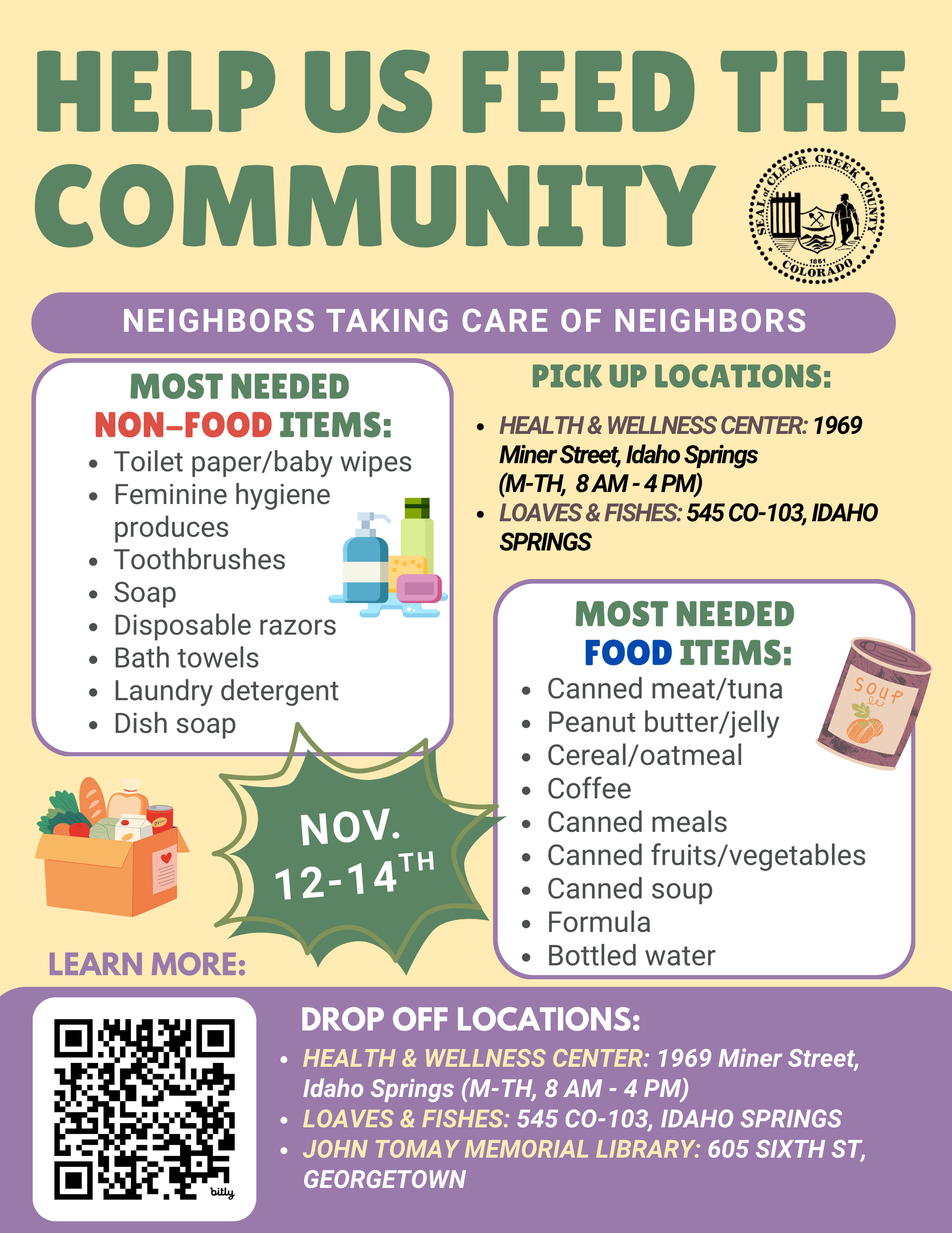 A purple and yellow flyer with information on the food drive.