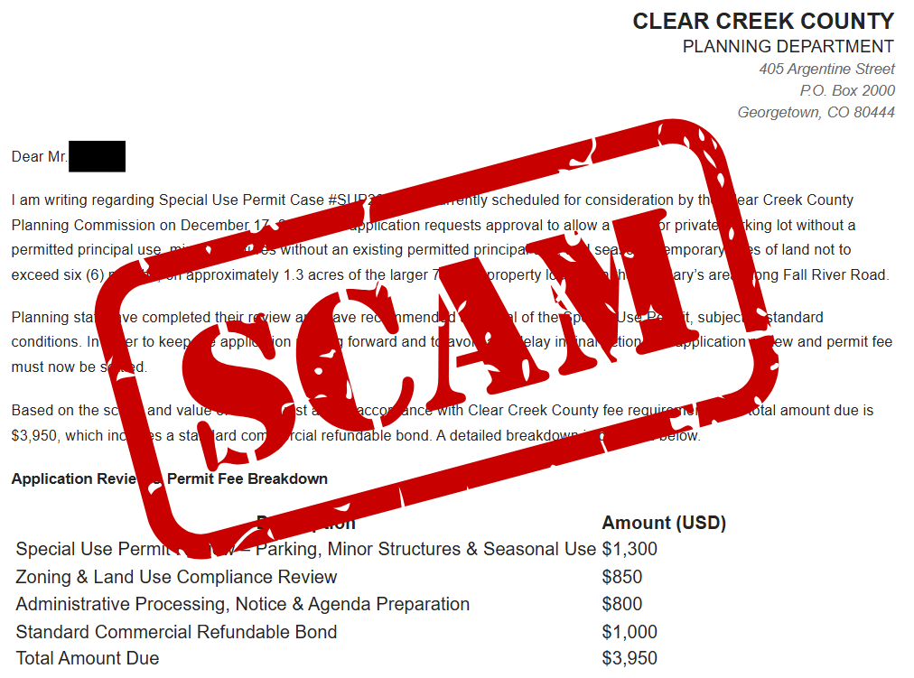 A screenshot of an email with the word scam written in big red letters